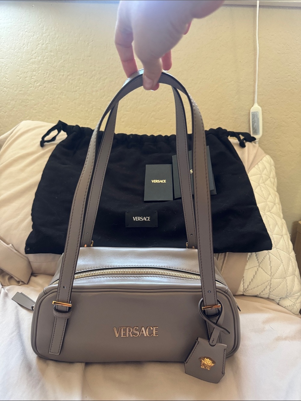 Versace Taupe Gray Leather Nappa Bowling Bag